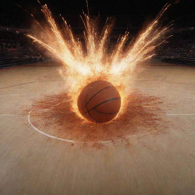 A large, spectacular explosion detailed with the intricate lines and markings of a basketball court.