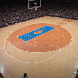 A large, spectacular explosion detailed with the intricate lines and markings of a basketball court.