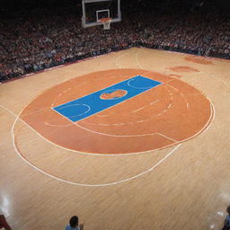 A large, spectacular explosion detailed with the intricate lines and markings of a basketball court.