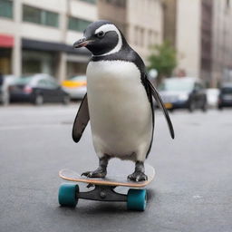 A penguin showcasing skills on a skateboard amidst city streets.