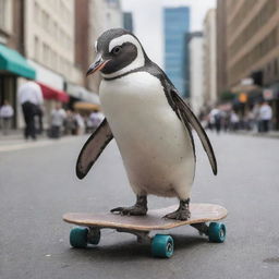 A penguin showcasing skills on a skateboard amidst city streets.