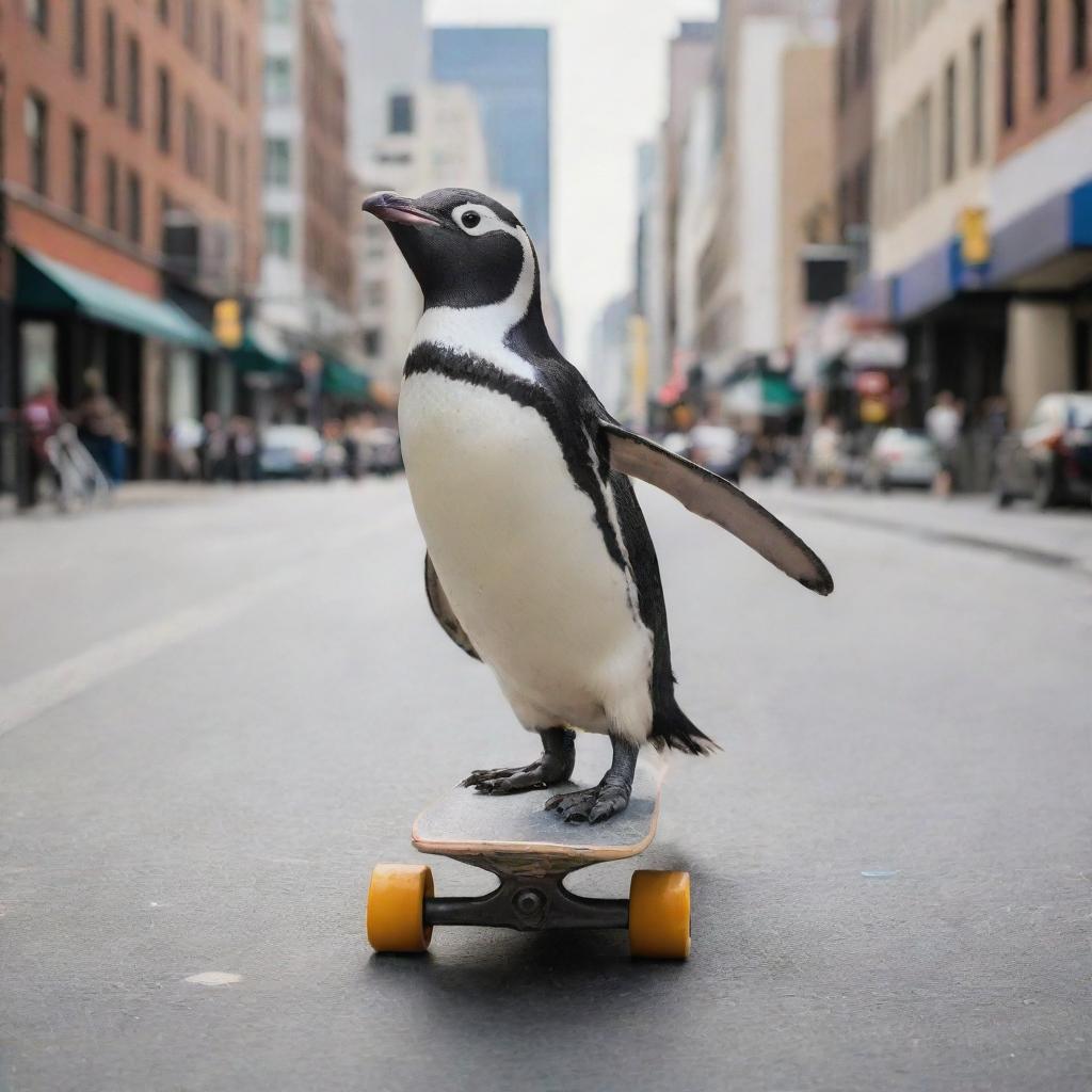 A penguin showcasing skills on a skateboard amidst city streets.