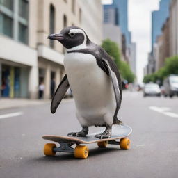 A penguin showcasing skills on a skateboard amidst city streets.