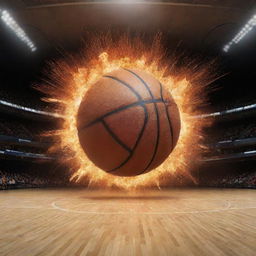 A large, spectacular explosion designed with a basketball court, using a basketball as the 'O' in the word 'BOOM'.