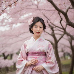 A elegant Japanese lady wearing traditional kimono, with intricate floral patterns, standing under cherry blossom trees in a serene environment