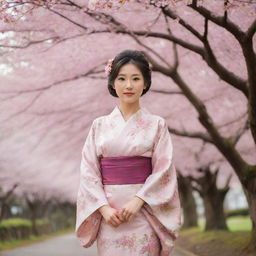 A elegant Japanese lady wearing traditional kimono, with intricate floral patterns, standing under cherry blossom trees in a serene environment