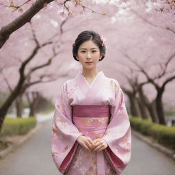 A elegant Japanese lady wearing traditional kimono, with intricate floral patterns, standing under cherry blossom trees in a serene environment