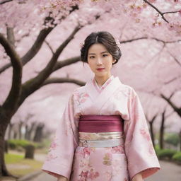 A elegant Japanese lady wearing traditional kimono, with intricate floral patterns, standing under cherry blossom trees in a serene environment