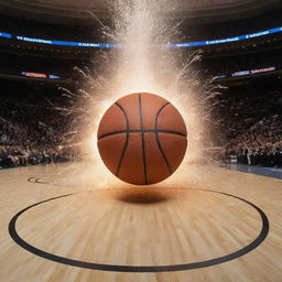 A large, spectacular explosion, incorporating the design of a basketball court, using a basketball to form the 'O's in the phrase 'BIG BOOM'.