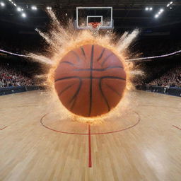 A large, spectacular explosion, incorporating the design of a basketball court, using a basketball to form the 'O's in the phrase 'BIG BOOM'.