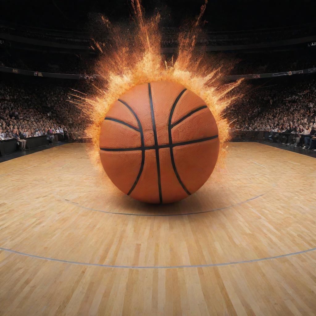 A large, spectacular explosion, incorporating the design of a basketball court, using a basketball to form the 'O's in the phrase 'BIG BOOM'.