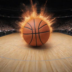 A large, spectacular explosion, incorporating the design of a basketball court, using a basketball to form the 'O's in the phrase 'BIG BOOM'.