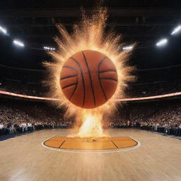 A large, spectacular explosion, incorporating the design of a basketball court, using a basketball to form the 'O's in the phrase 'BIG BOOM'.