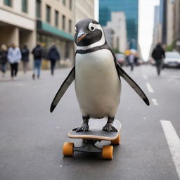 A playful penguin on a skateboard cruising down a bustling city street surrounded by awe-struck pedestrians.