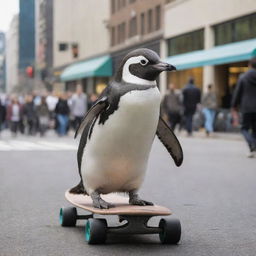 A playful penguin on a skateboard cruising down a bustling city street surrounded by awe-struck pedestrians.