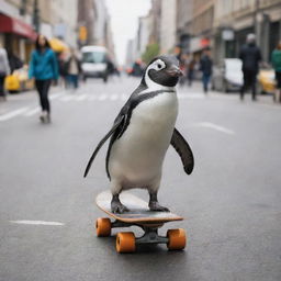 A playful penguin on a skateboard cruising down a bustling city street surrounded by awe-struck pedestrians.