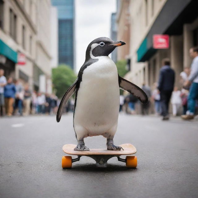 A playful penguin on a skateboard cruising down a bustling city street surrounded by awe-struck pedestrians.