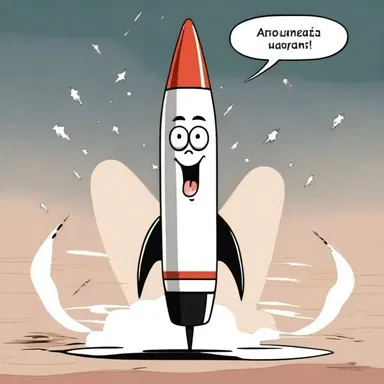 In a humorous cartoon, an intercontinental ballistic missile is portrayed as a comical character with a rocket-shaped body and a goofy expression.
