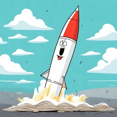 In a humorous cartoon, an intercontinental ballistic missile is portrayed as a comical character with a rocket-shaped body and a goofy expression.