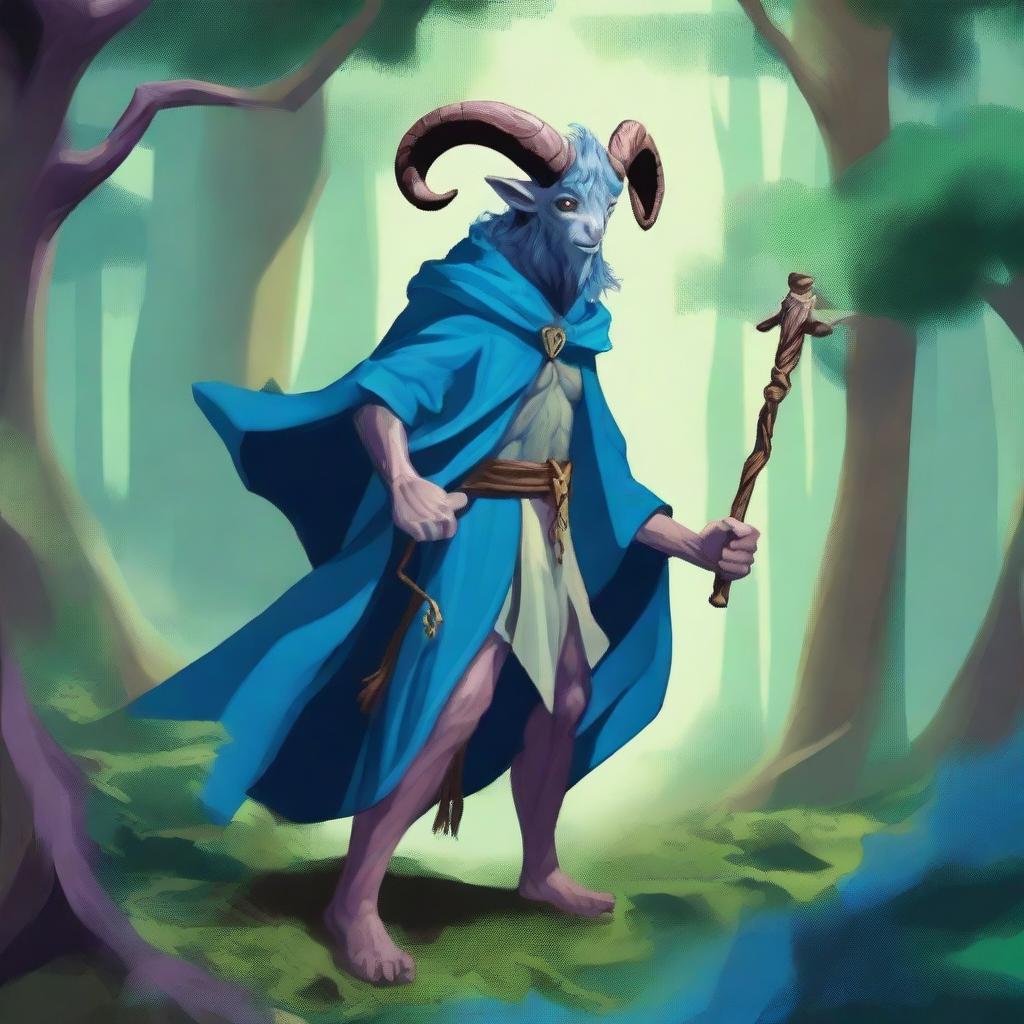 This is a high-quality digital art image depicting a Satyr Sorcerer from Dungeons and Dragons