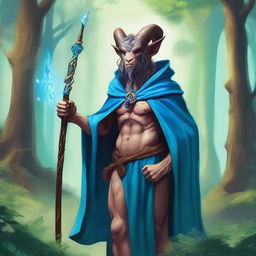This is a high-quality digital art image depicting a Satyr Sorcerer from Dungeons and Dragons