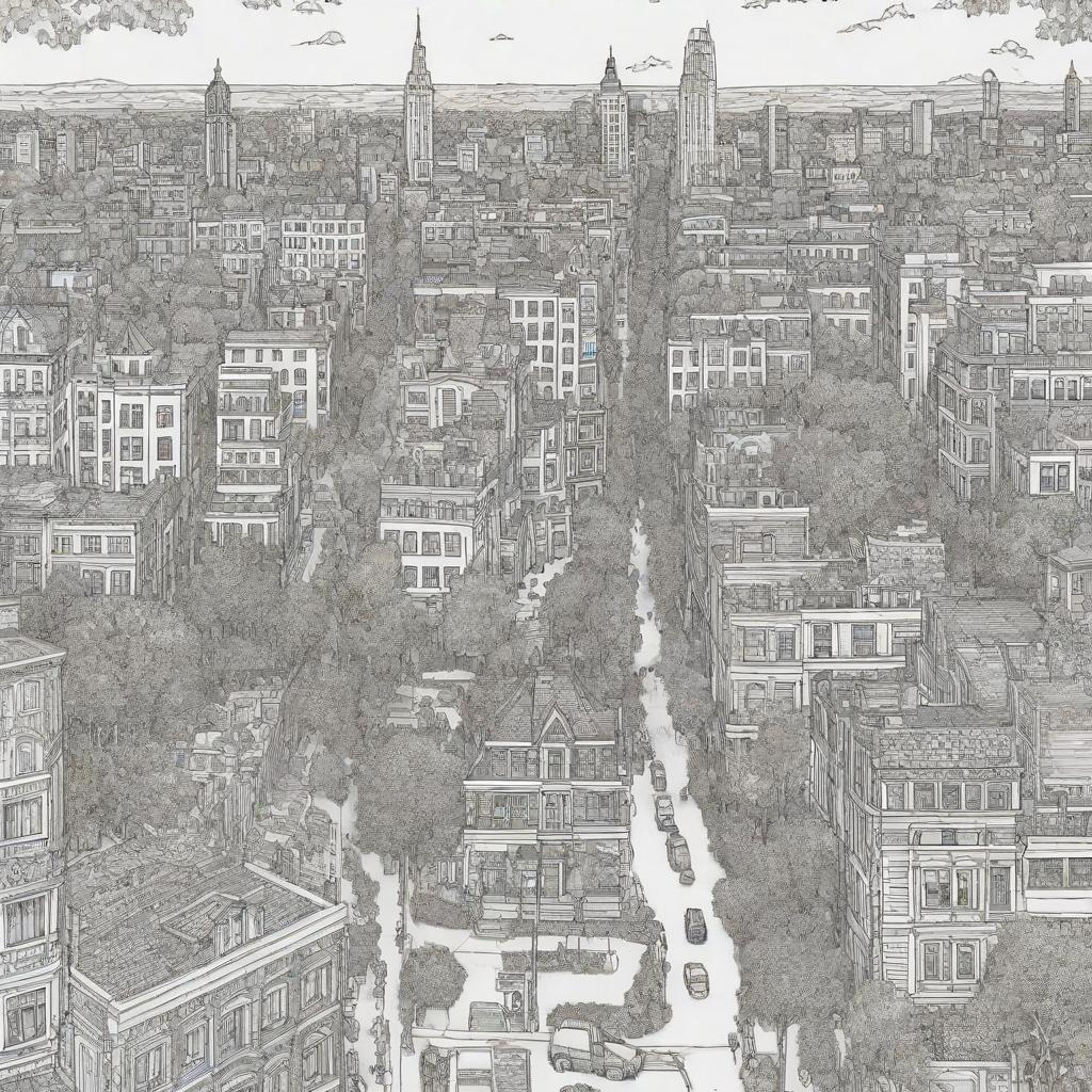 An intricate coloring page featuring an idyllic cityscape. Include numerous buildings of varying design, a bustling street scene, trees and parks.