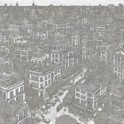 An intricate coloring page featuring an idyllic cityscape. Include numerous buildings of varying design, a bustling street scene, trees and parks.