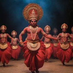 A Theyyam ritual, a popular Indian dance-drama, unfolding in the middle of the cosmos. Dancers clad in vibrant, ornate costumes performing their sacred dance amongst stars, comets, and galaxies.