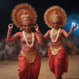 A Theyyam ritual, a popular Indian dance-drama, unfolding in the middle of the cosmos. Dancers clad in vibrant, ornate costumes performing their sacred dance amongst stars, comets, and galaxies.