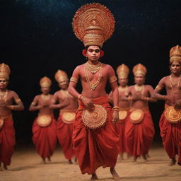 A Theyyam ritual, a popular Indian dance-drama, unfolding in the middle of the cosmos. Dancers clad in vibrant, ornate costumes performing their sacred dance amongst stars, comets, and galaxies.