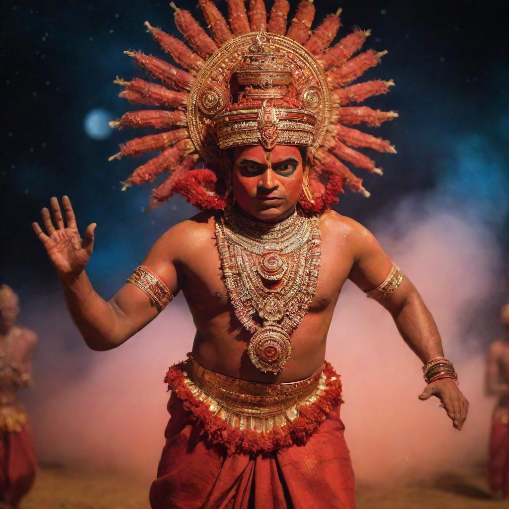 A Theyyam ritual, a popular Indian dance-drama, unfolding in the middle of the cosmos. Dancers clad in vibrant, ornate costumes performing their sacred dance amongst stars, comets, and galaxies.