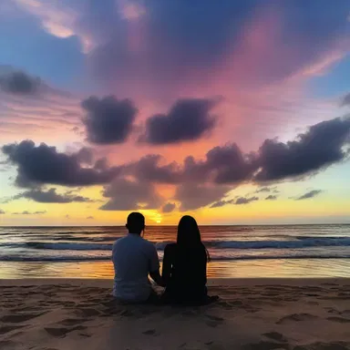 As the sun set over the horizon, the couple sat on the beach, holding hands and watching the beautiful electromagnetic waves of different colors in the sky.