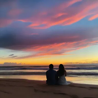 As the sun set over the horizon, the couple sat on the beach, holding hands and watching the beautiful electromagnetic waves of different colors in the sky.