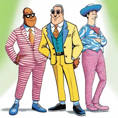 In the cartoon, the inharmonic clash of colors and patterns on the characters' outfits added to the comedic effect.