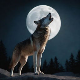 A three-dimensional, high dynamic range stylized image of a wolf howling at a large moon in a nocturnal setting.