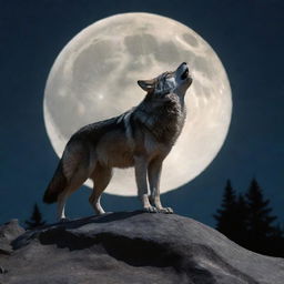 A three-dimensional, high dynamic range stylized image of a wolf howling at a large moon in a nocturnal setting.