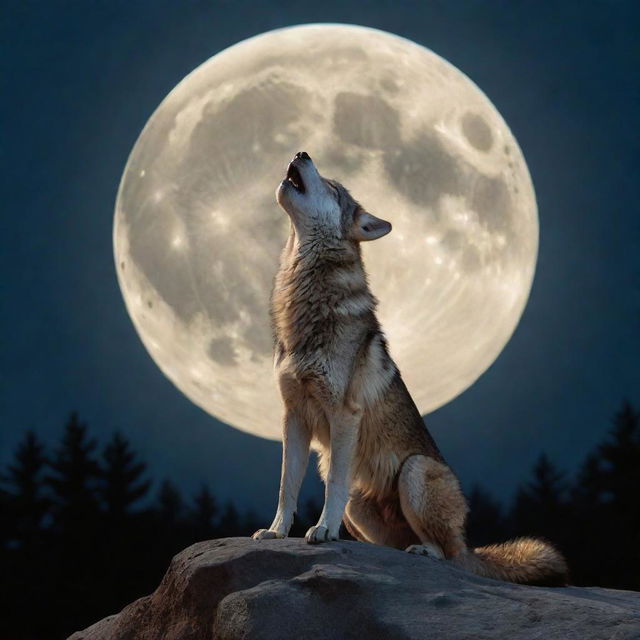 A three-dimensional, high dynamic range stylized image of a wolf howling at a large moon in a nocturnal setting.