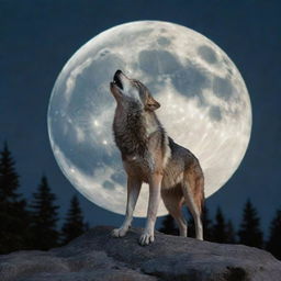 A three-dimensional, high dynamic range stylized image of a wolf howling at a large moon in a nocturnal setting.