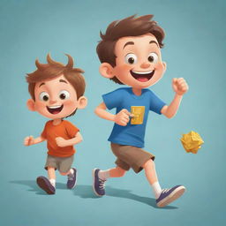 Illustrate a giggling mischievous little kid running, holding a playful treasure, with an unidentified person chasing him in a funny, cartoon-style chase scene.