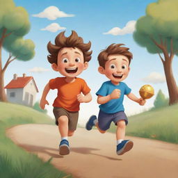 Illustrate a giggling mischievous little kid running, holding a playful treasure, with an unidentified person chasing him in a funny, cartoon-style chase scene.