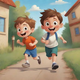 Illustrate a giggling mischievous little kid running, holding a playful treasure, with an unidentified person chasing him in a funny, cartoon-style chase scene.