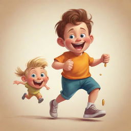 Illustrate a giggling mischievous little kid running, holding a playful treasure, with an unidentified person chasing him in a funny, cartoon-style chase scene.