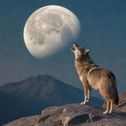 An HDR 8k quality image of a wolf howling at an oversized moon, perched atop a mountain