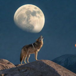 An HDR 8k quality image of a wolf howling at an oversized moon, perched atop a mountain