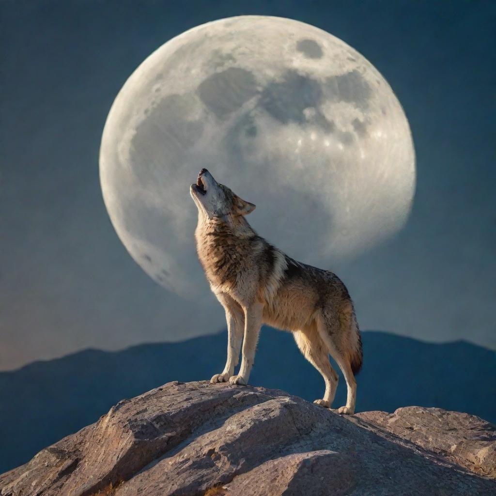 An HDR 8k quality image of a wolf howling at an oversized moon, perched atop a mountain