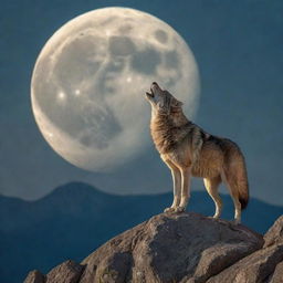 An HDR 8k quality image of a wolf howling at an oversized moon, perched atop a mountain