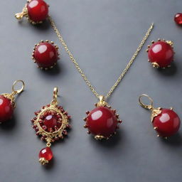 Jewelry inspired by pomegranates, with red gemstones representing pomegranate seeds and gold or silver metal forming the shape of the fruit.