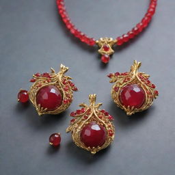 Jewelry inspired by pomegranates, with red gemstones representing pomegranate seeds and gold or silver metal forming the shape of the fruit.