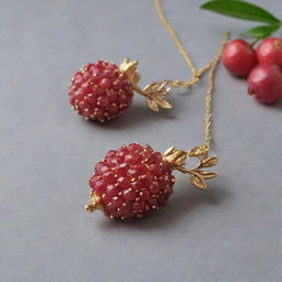 Jewelry inspired by pomegranates, with red gemstones representing pomegranate seeds and gold or silver metal forming the shape of the fruit.