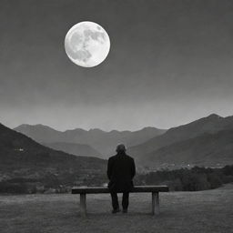 A melancholic scene with a man sitting on a bench, engrossed in the sight of a large white moon rising behind distant mountains, evoking feelings of introspection and solitude.